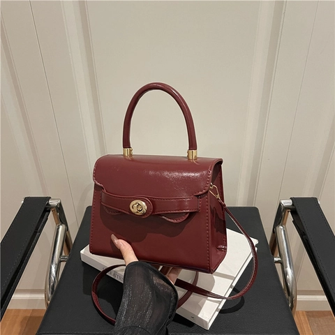 Vintage Glänzend PU Leder Kleine Quadratische Tasche Für Damen Minimalistisch Gold Drehschloss Handgriff Umhängetasche