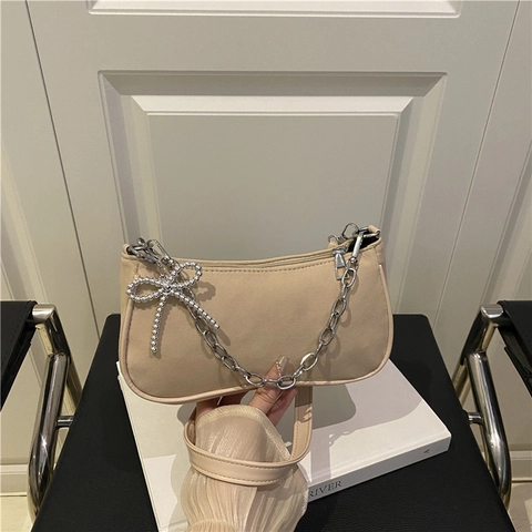 Borsa Baguette in PU Urban Simple Donna Con Catena Argentata Fiocco di Strass Borsa Sottobraccio Cachi Rosso Caffè Nero
