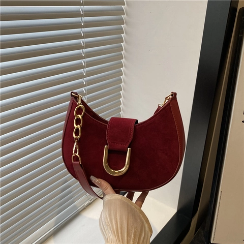 Bolso de Hombro de Axila de Cuero PU Color Sólido para Mujer Bolso Hobo de Media Luna Vintage Con Hebilla de Metal Dorado y Cadena
