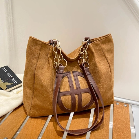 Borsa Tote da Donna Retro in PU Scamosciato Grande Capacità Borsa a Tracolla Minimalista Elegante Con Catena in Metallo