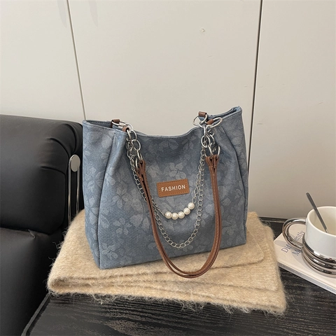 Borsa Tote da Donna a Grande Capacità in Jacquard Floreale Con Catena di Perle Artificiali e Ciondolo a Nuvola Borsa a Spalla