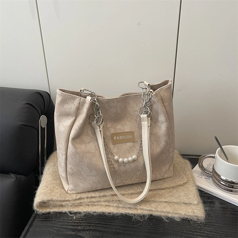 Borsa Tote da Donna a Grande Capacità in Jacquard Floreale Con Catena di Perle Artificiali e Ciondolo a Nuvola Borsa a Spalla