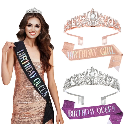 Birthday Girl Queen Crown Tiara Rhinestone Alloy Tiara Glitter Sash Set For Women Girls Birthday Party Decoration