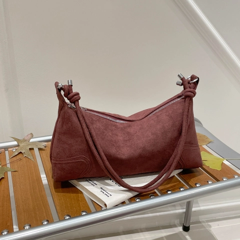 Damen Vintage PU Wildleder Schultertasche Mattierte Achseltasche Mit Geknotetem Gurt Einfarbige Handtasche Für Den Alltag