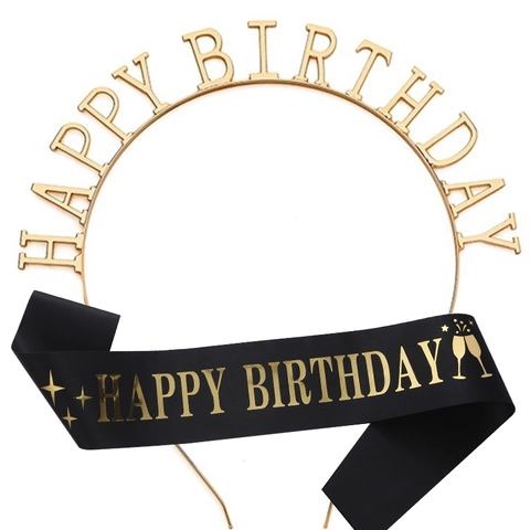 Serre-tête Happy Birthday en Alliage Métallique Avec Écharpe en Satin Ensemble Décorations de Fête pour Femmes Filles