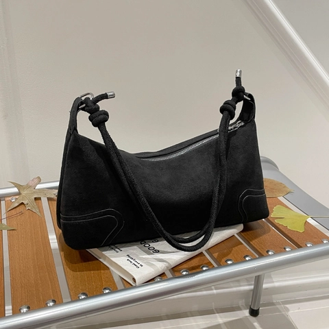 Damen Vintage PU Wildleder Schultertasche Mattierte Achseltasche Mit Geknotetem Gurt Einfarbige Handtasche Für Den Alltag