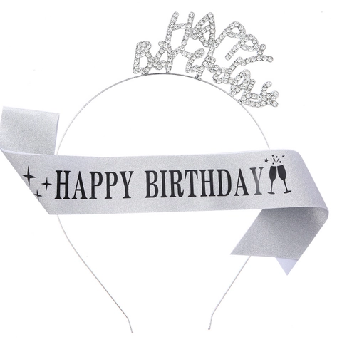 Happy Birthday Headband And Sash Set For Women Rose Gold Alloy Rhinestone Tiara Crown Satin Birthday Girl Party Decoration
