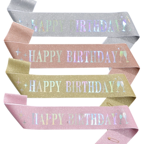 Banda Happy Birthday con Purpurina Cinta de Satén Decoración de Cumpleaños para Mujeres Niñas Artículos de Fiesta