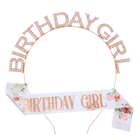 Diadema Y Banda Birthday Girl Para Mujeres Niñas Aleación Strass Fiesta De Cumpleaños Tiara Corona Rosa Floral Satén Banda Decoración