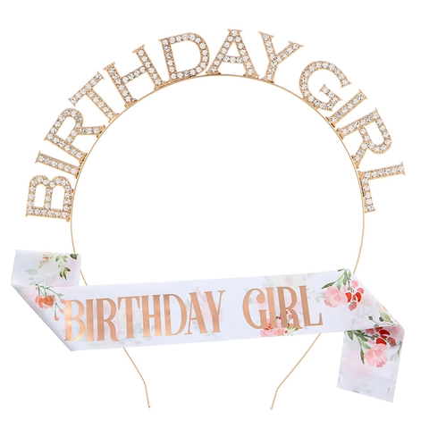 Diadema Y Banda Birthday Girl Para Mujeres Niñas Aleación Strass Fiesta De Cumpleaños Tiara Corona Rosa Floral Satén Banda Decoración