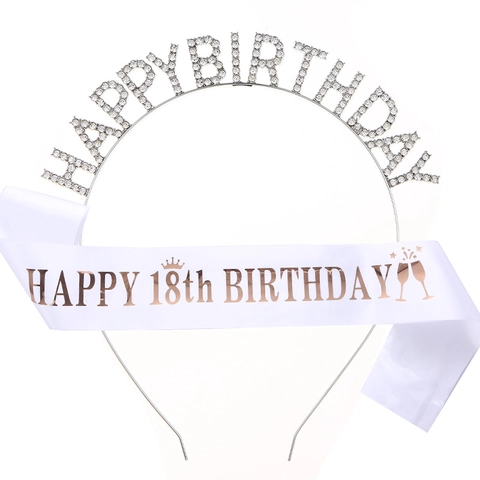 Alloy Rhinestone Birthday Headband And Satin Sash Sparkling Letter Tiara Party Decorations For Women Girls Birthday Gift