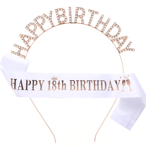Alloy Rhinestone Birthday Headband And Satin Sash Sparkling Letter Tiara Party Decorations For Women Girls Birthday Gift