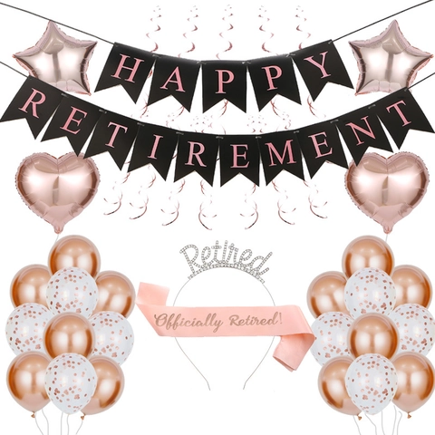 Set Decorazioni Festa Pensionamento Oro Rosa Tiara Retired Strass Fascia Raso Happy Retirement Banner Palloncini Donna