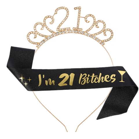21e Verjaardag Tiara En Sjerp Set Voor Vrouwen Goud Strass Kroon Zwart Satijn Sjerp Verjaardagsfeestje Decoraties Accessoires