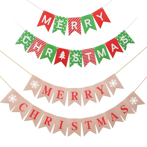 Merry Christmas Banner Happy New Year Garland Hanging Decoration Holiday Party Home Wall Bunting Flags Paper Ornaments