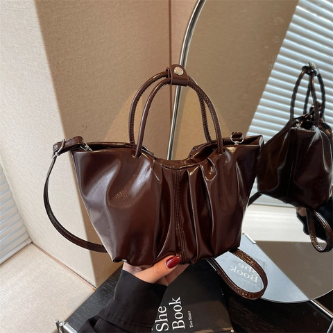 French Ruched Cloud Shoulder Bag For Women Fashion PU Leather Crossbody Handbag With Removable Strap Solid Color Bag