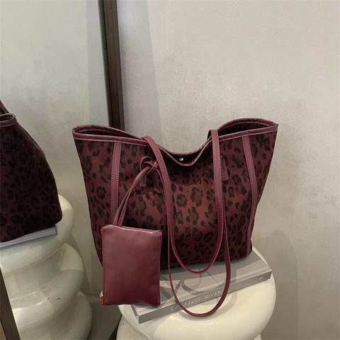 Vintage Leopard Print Tote Bag For Women Large Capacity PU Leather Shoulder Bag Casual Commute Handbag With Small Pouch