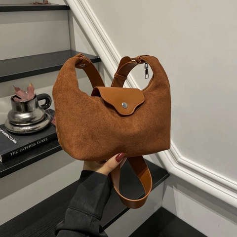 Borsa a Spalla da Donna Vintage in PU Effetto Scamosciato Borsa Hobo a Mezzaluna Minimalista Borsa Retro Tote Versatile