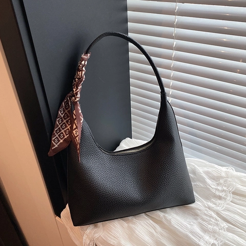 Women PU Leather Hobo Shoulder Bag With Decorative Satin Scarf Large Capacity Minimalist Lychee Pattern Commuting Handbag