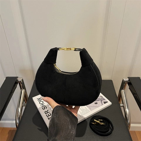 Women Faux Suede Hobo Shoulder Bag Large Capacity Half Moon Tote Handbag With Chain Strap Fashion Urban Casual Underarm Bag