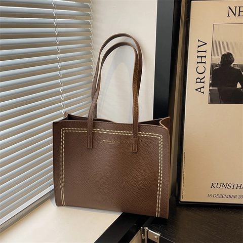 Sac Cabas en Cuir PU de Grande Capacité pour Femmes Sac à Épaule Minimaliste Motif Litchi Sous le Bras Mode Quotidien