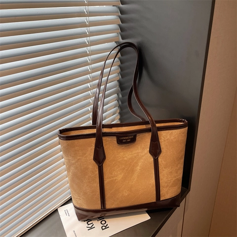 Women Large Capacity PU Leather Tote Bag Minimalist Commuting Shoulder Bag Retro Solid Color Handbag Travel Office Lady Bag