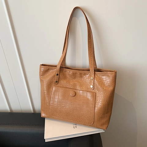 Vrouwen Retro Krokodillenpatroon Grote Capaciteit Tote Bag PU Leer Woon-werkverkeer Schoudertas Elegante Dame Onderarmtas