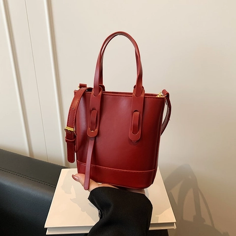 Bolso de Cubo de PU para Mujer Gran Capacidad Urbano Minimalista Color Sólido Bolso de Hombro Cruzado Con Doble Asa