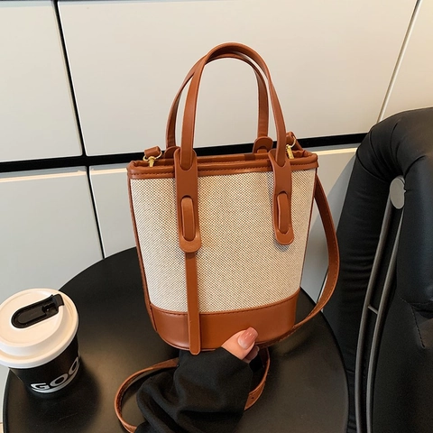 Dames Patchwork Canvas PU Leer Emmer Tas Grote Capaciteit Schouder Crossbody Tas Voor Casual Woon-Werkverkeer 2025 Nieuwe Mode Handtas