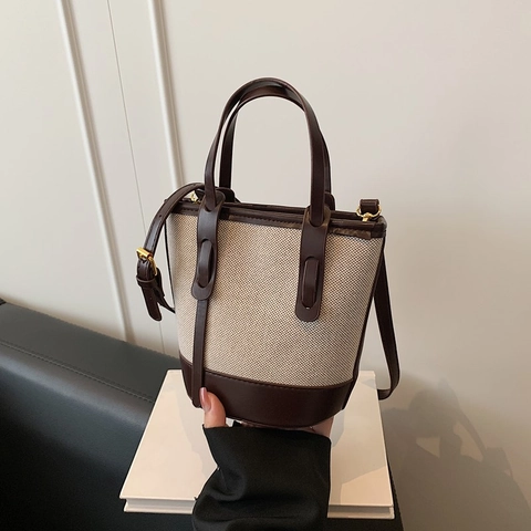 Dames Patchwork Canvas PU Leer Emmer Tas Grote Capaciteit Schouder Crossbody Tas Voor Casual Woon-Werkverkeer 2025 Nieuwe Mode Handtas