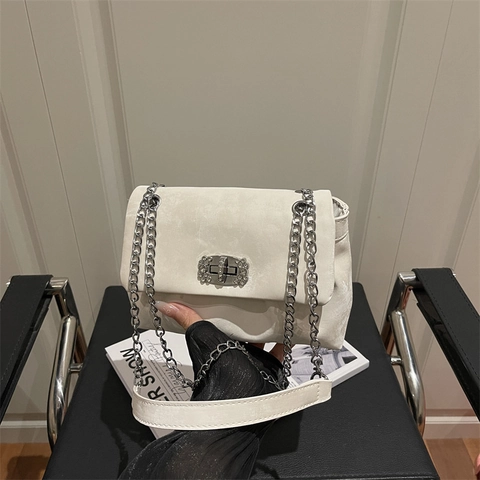 Korean Sweet PU Rhinestone Lock Chain Shoulder Bag Minimalist Square Crossbody Bag For Women Party Evening Handbag