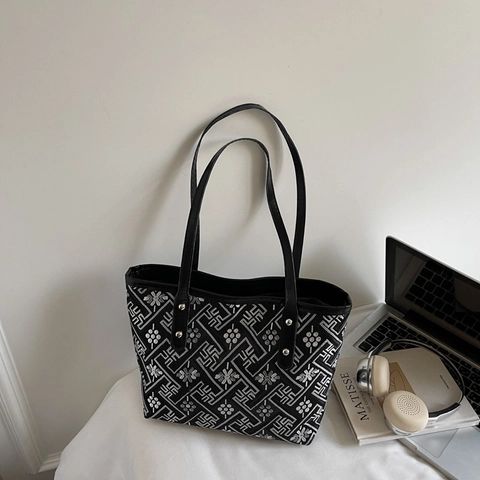 Bolso Tote Jacquard a Cuadros para Mujer Gran Capacidad Nuevo Estilo Chino Bolso de Hombro Moda Diario Asa de PU