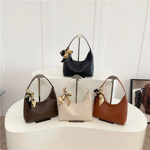 Damen PU-Leder Halbmond Hobo Tasche Mit Dekorativem Satinschal Litschi-Muster Mode Unterarm Umhängetasche Für Das Pendeln
