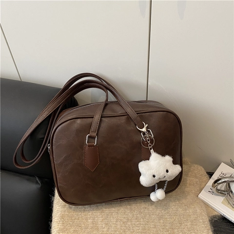 Korean Style Minimalist PU Leather Boston Handbag With Cloud Plush Pendant Commuter Solid Color Crossbody Shoulder Bag For Women