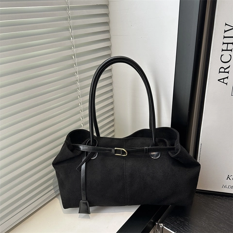 Retro Faux Suede Large Capacity Tote Bag For Women PU Leather Minimalist Commuter Shoulder Bag Metal Buckle Decoration