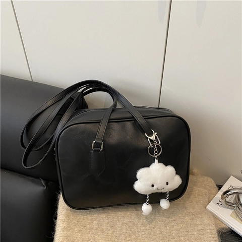 Korean Style Minimalist PU Leather Boston Handbag With Cloud Plush Pendant Commuter Solid Color Crossbody Shoulder Bag For Women