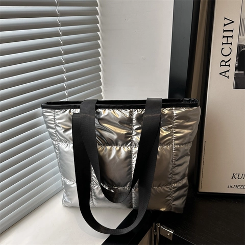 Harajuku Style Gesteppte Puffer Tote Bag Für Damen Metallic Glänzend Quadratisch Gesteppt Schultertasche Tote Und Beutel Tasche