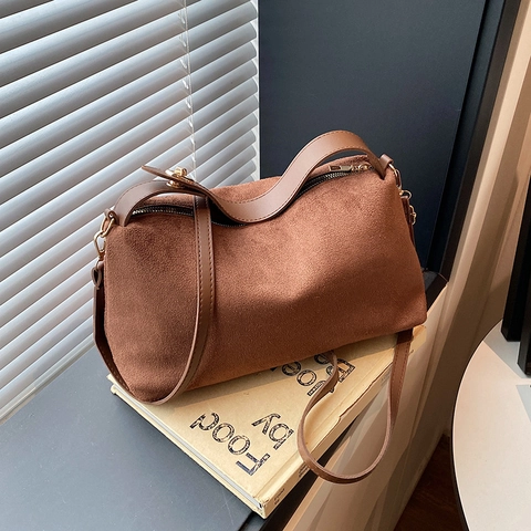 Retro Frosted PU Suede Textured Large Tote Bag For Women Minimalist Solid Color Underarm Shoulder Crossbody Bag With Stitching