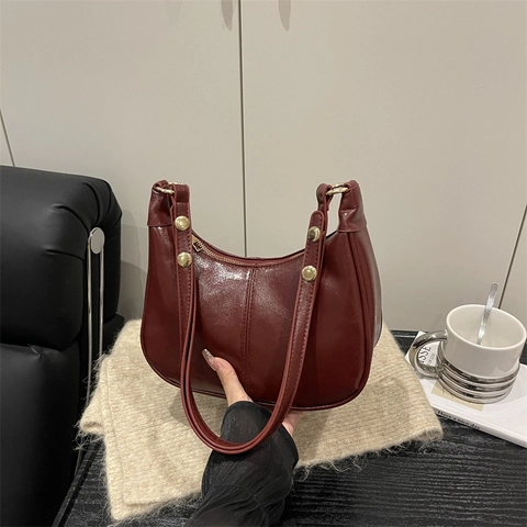 Bolso de Axila de Cuero PU Minimalista para Mujer Gran Capacidad Color Sólido Costura Vintage Bolso de Hombro Casual