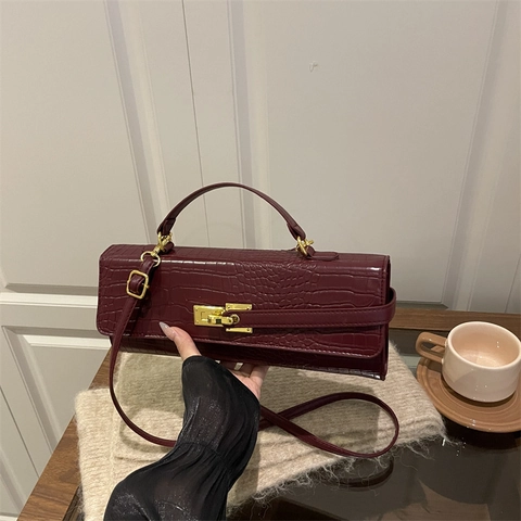 Sac à Bandoulière Femme Vintage en Cuir PU Motif Crocodile Sac à Main Style Coréen Mode Avec Serrure en Métal Sac Quotidien