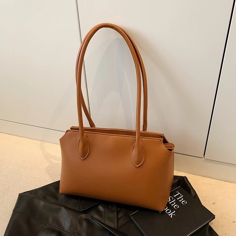 Minimalist Large Capacity PU Leather Underarm Tote Bag For Women Vintage Simple Solid Color Shoulder Bag For Commute Daily