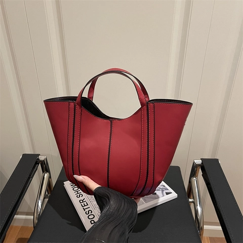 Women Large Capacity PU Leather Bucket Bag Urban Minimalist Contrast Stitching Tote Shoulder Bag Solid Color Lazy Handbag