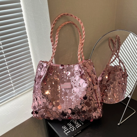 Damen Mode Pailletten Schultertasche Große Kapazität Geflochtener Gurt Unterarm Tote Bag Stilvolle Party Alltagstasche Für Damen