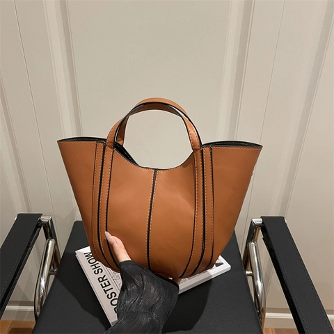 Women Large Capacity PU Leather Bucket Bag Urban Minimalist Contrast Stitching Tote Shoulder Bag Solid Color Lazy Handbag