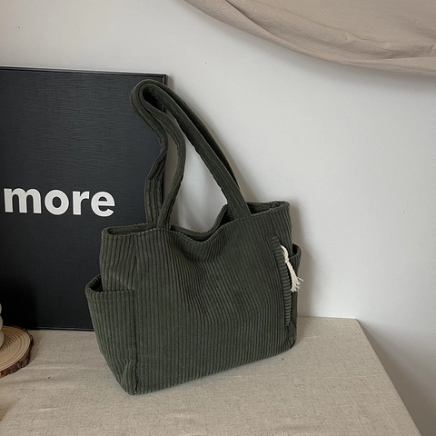 Women Corduroy Tote Bag Large Capacity Minimalist Solid Color Pleated Shoulder Bag For School Commute Casual Retro Handbag