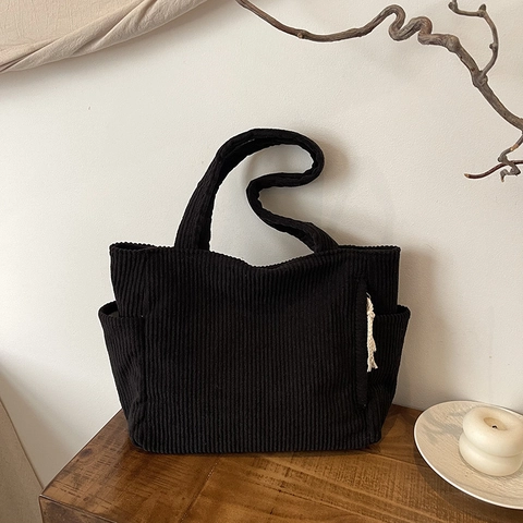 Women Corduroy Tote Bag Large Capacity Minimalist Solid Color Pleated Shoulder Bag For School Commute Casual Retro Handbag