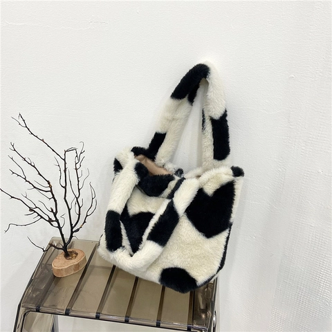 Bolso de Peluche con Patrón de Corazón para Mujer Estilo Coreano Bolso de Hombro de Piel Sintética Invierno Cálido Bolso de Moda