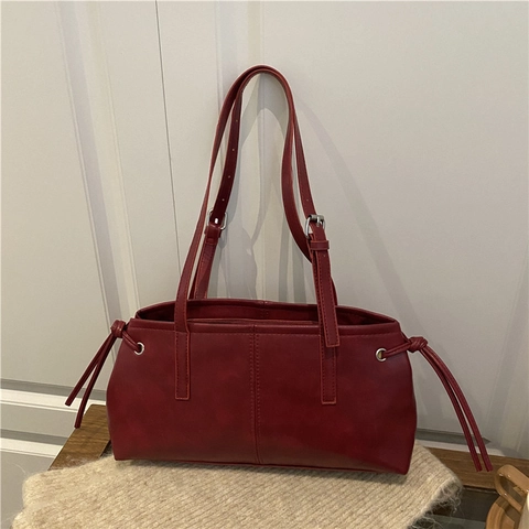 Vintage Damen PU Leder Schultertasche Große Kapazität Pendler Tote Bag Mit Seitlichem Kordelzug Und Verstellbaren Gurten