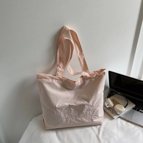Große Kapazität Segeltuch Tote Tasche Japanischen Stil Herz Stern Bestickt Umhängetasche Lässig Leicht Handtasche Für Damen Studenten