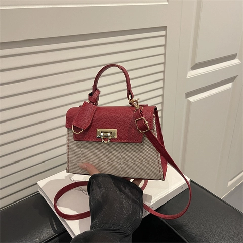 Dames Elegante Kleurblok Handtas PU Leer Canvas Stiksel Schoudertas Met Metalen Slotgesp Mode Crossbody Tas